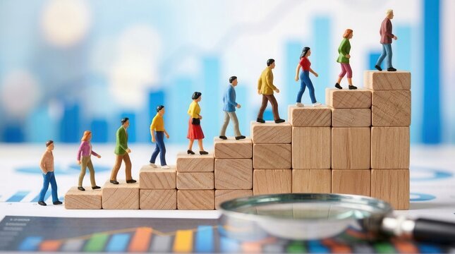 Small figures climbing a wooden staircase to illustrate the impact of demographic shifts on investments.