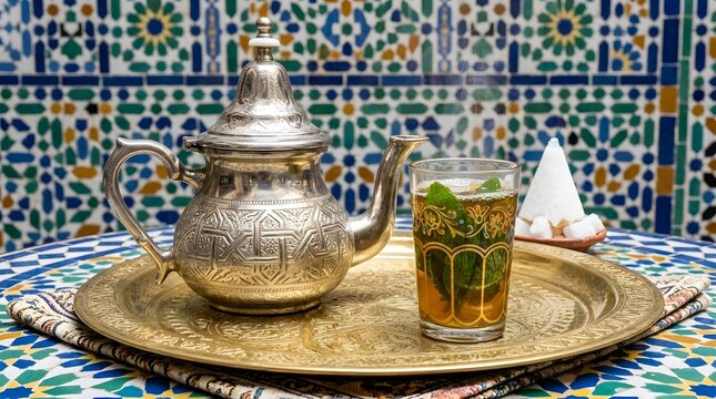 Traditional Moroccan mint tea service, ornate silver teapot on brass tray, authentic hot herbal beverage with fresh mint leaves and zellige tile background