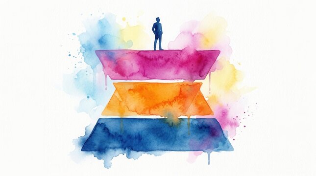 Side view of a three-stage marketing funnel showing step-by-step progress in triadic colors.