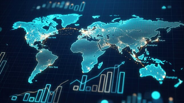 Digital world map visualization representing global economic events and investment markets.
