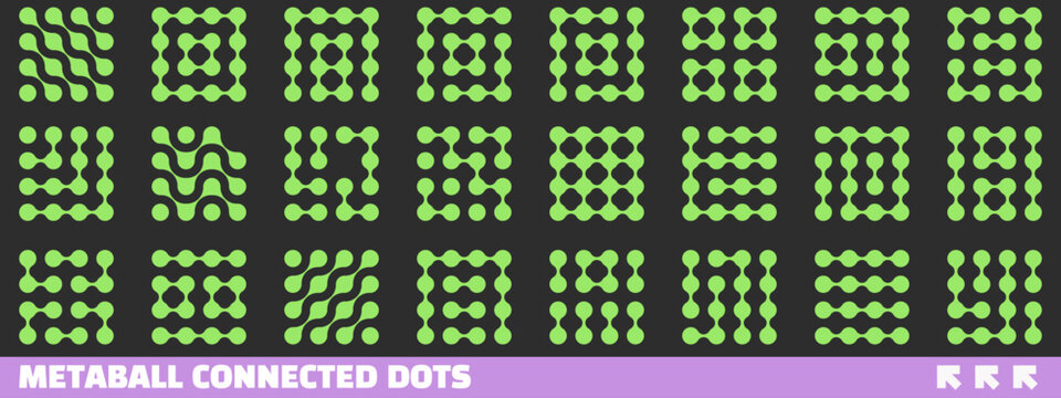 Metaball shapes. Vibrant fluid dots. Connected neurons, molecules, liquid dots or cells. Colorful geometric set.