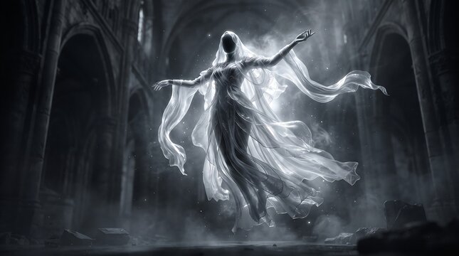 Ghost illustration digital art of a spectral entity floating in a dark gothic hall
