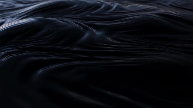 Dark liquid surface flows with rippling and undulating waves forming smooth fluid folds and subtle blue highlights. Design backdrop with flowing movement, soft glow and layered depth.