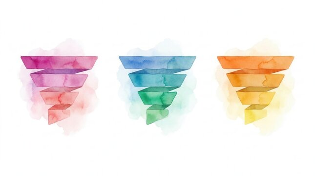 Marketing funnel concept featuring a triadic color scheme and watercolor textures.