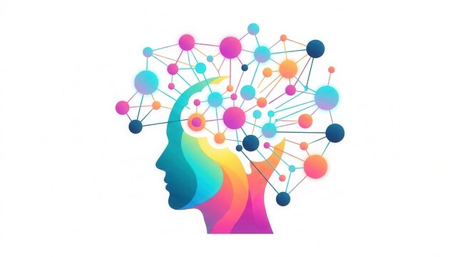 Brainstorming process element featuring a human profile with a colorful mind map and connected nodes.