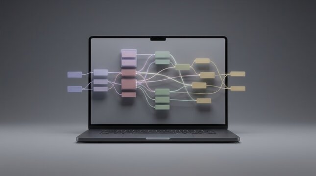 Enterprise software concept featuring data flow diagrams and a modern tech aesthetic on a laptop.