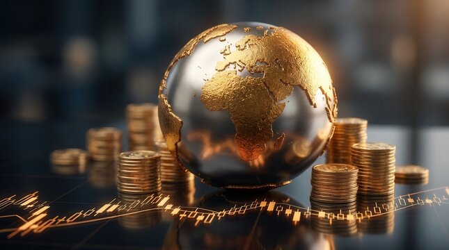 A golden world globe surrounded by gold coins and financial stock market charts.
