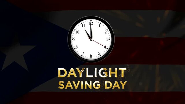 Analog wall clock showing time with daylight saving day text and golden light effects on flag background
