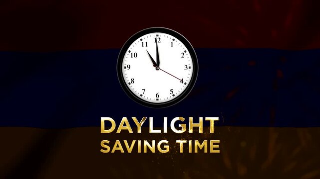 Analog wall clock showing time with daylight saving time golden text concept over armenian flag background