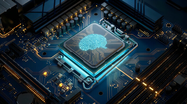 Central processing unit on a computer motherboard with a glowing digital brain icon