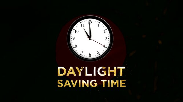 Analog wall clock showing time with daylight saving time golden text