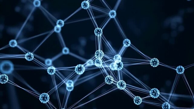 Animated 3D molecular network with glowing nodes connected by lines on a dark background. Futuristic backdrop inspired by molecular structure and network connectivity.