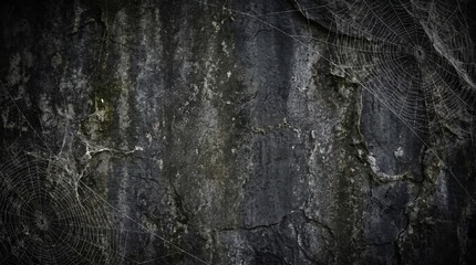 Fototapeta premium Dark Textured Stone Wall with Spider Webs Background Photo - spider web background, dark stone wall, gothic texture, spooky background, cave wall texture, halloween background, cobweb texture, dark