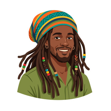 Smiling Rastafarian Man with Dreadlocks and Colorful Headwrap