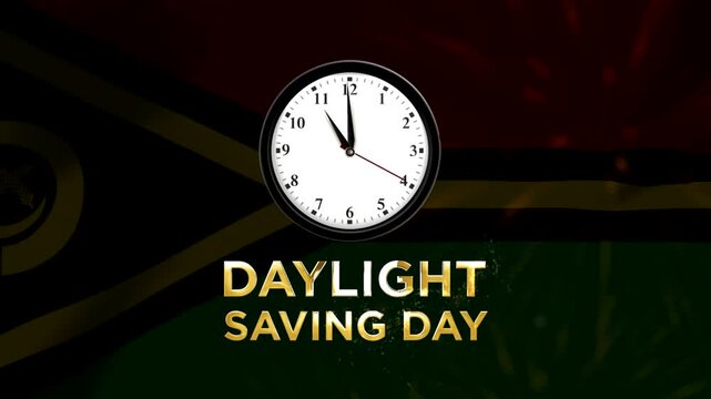 Daylight saving day banner featuring a round wall clock against the national flag of Vanuatu