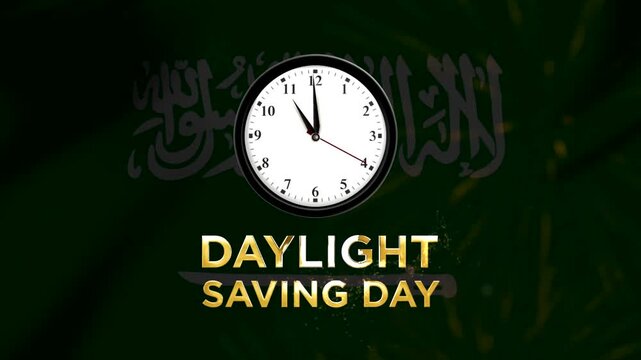 Daylight saving day celebration concept with a wall clock on a glowing abstract dark green background