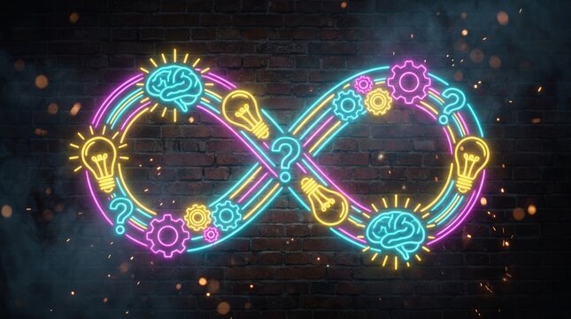 Concept of innovation and continuous learning shown by a neon infinity sign with brain and idea icons.