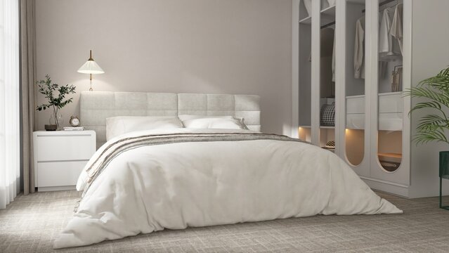 Luxury, elegant, modern white bedroom with built in glass door wardrobe, bed with headboard, bedside table on carpet floor in sunlight from sheer curtain window. Interior design background 3D