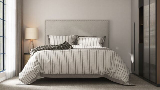 Luxury, modern white bedroom with built in gray wardrobe, bed with headboard, striped blanket, bedside table on carpet floor in sunlight from sheer curtain window. Interior design background 3D