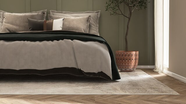 Luxury, modern bedroom with sage green panel accent wall in beige bedroom with bed, bedside table on white rug in sunlight from window. Interior design decoration, architecture, product background 3D
