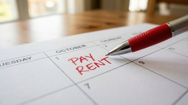 A red pen points to the October 1st due date marked pay rent on a calendar.