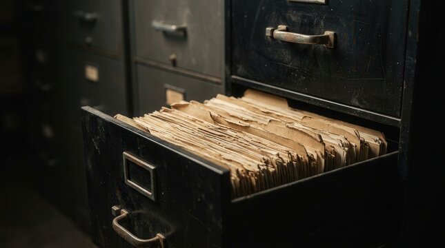 Stacks of yellowed paper files and documents inside an open dark metal filing cabinet in storage archives.