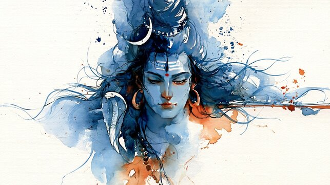 Abstract Watercolor Portrait Of A Meditative Deity With Blue Hair And Subtle White Crescent Ornament