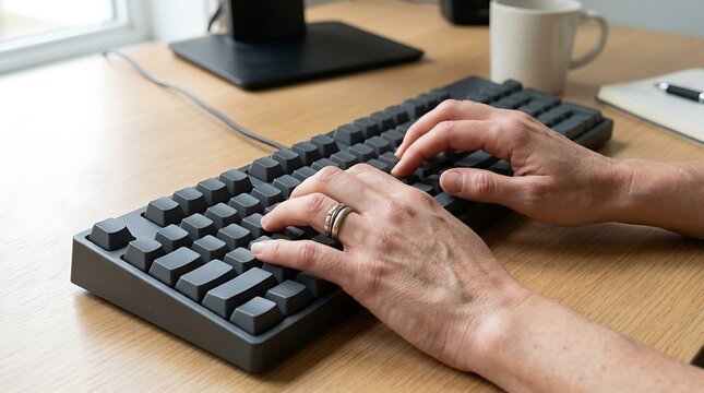 Hands typing on a black computer keyboard at a desk with office work typing speed digital device