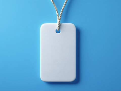 Blank retail price tag hanging against a clean blue background