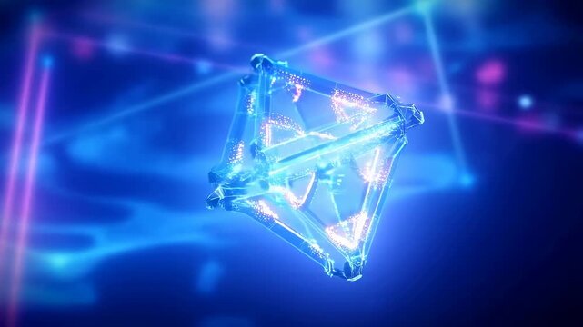 Transparent geometric polyhedron rotates with glowing particles flowing inside and around it. Animated scene combines geometric shapes and particles with glowing light.