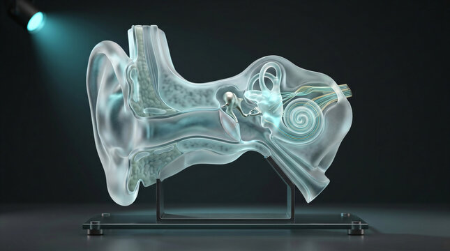 3D medical illustration of human ear anatomy | translucent inner ear structure model for education | auditory system diagram showing cochlea and eardrum | clinical visualization of hearing mechanism p