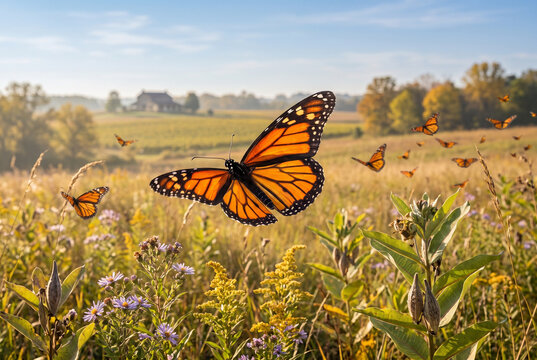Monarch butterflies migrating in a field during autumn  