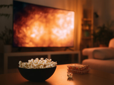 Cozy movie night at home with popcorn, television, and warm cinematic lighting