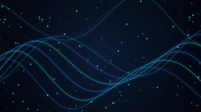 Abstract Neon Blue Wave Lines Background Featuring Glowing Particle Movement and Fluid Light Streaks