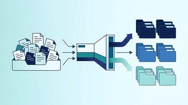 Data classification workflow concept with sorted document groups, vector illustration