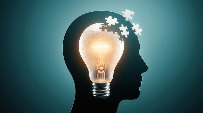 Creative idea generation concept featuring a silhouette of a head with puzzle pieces forming a glowing lightbulb.