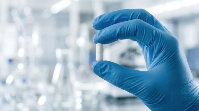 Close-up of a researcher wearing blue protective gloves holding a white medical pill in a lab.
