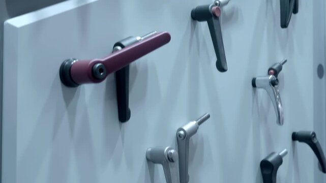 Samples of new industrial door handles are presented at the exhibition. Closeup. Shot in motion