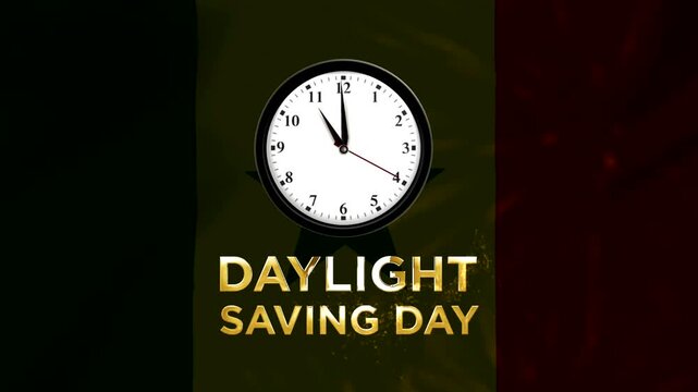 Daylight saving day concept featuring an analog wall clock and glowing golden text on a dark abstract particle background