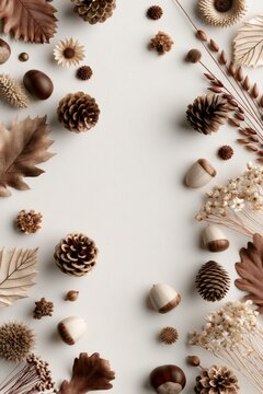 Autumn natural elements flat lay creating border frame, vertical, copy space
