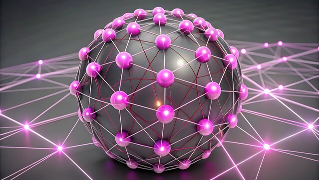 Futuristic network sphere with glowing pink connections and nodes