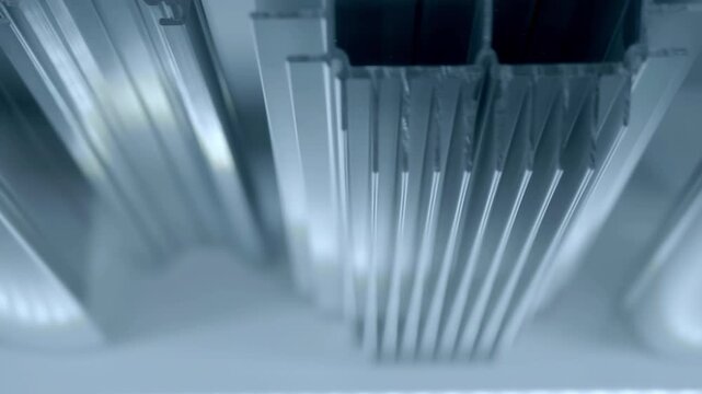 Samples of new aluminum industrial profiles of varying shapes and design complexity are presented at the exhibition. Closeup. Shot in motion