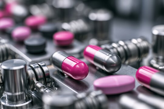 Pills and capsules on pharmaceutical production line