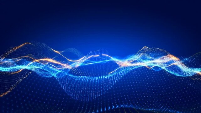 Flowing waves of glowing blue and orange particles pulse and undulate across a dark blue gradient background. Abstract background features flowing particle waves with rhythmic movement.