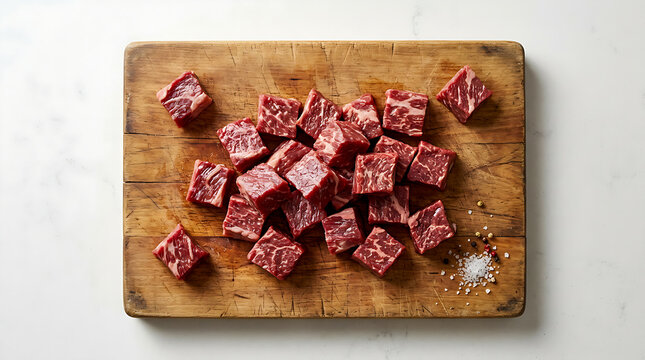 Top view of diced raw meat on a wooden cutting board. White background.