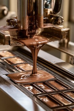 Liquid chocolate pouring into molds in factory production, vertical