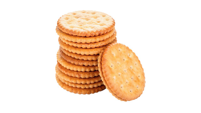 Stack of crunchy round wheat crackers biscuits isolated on transparent background
