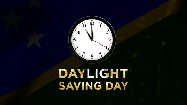 Daylight saving day concept featuring an analog wall clock over a Solomon Islands flag background
