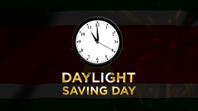 Daylight saving day concept featuring an analog wall clock over a symbolic national flag background with golden light particles