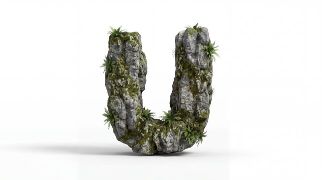 Letter U formed from natural stone and moss on white background.
